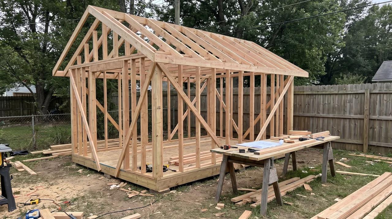 Gable roof shed frame with timber structure and workbenchFile name-unpermitted-shed-construction