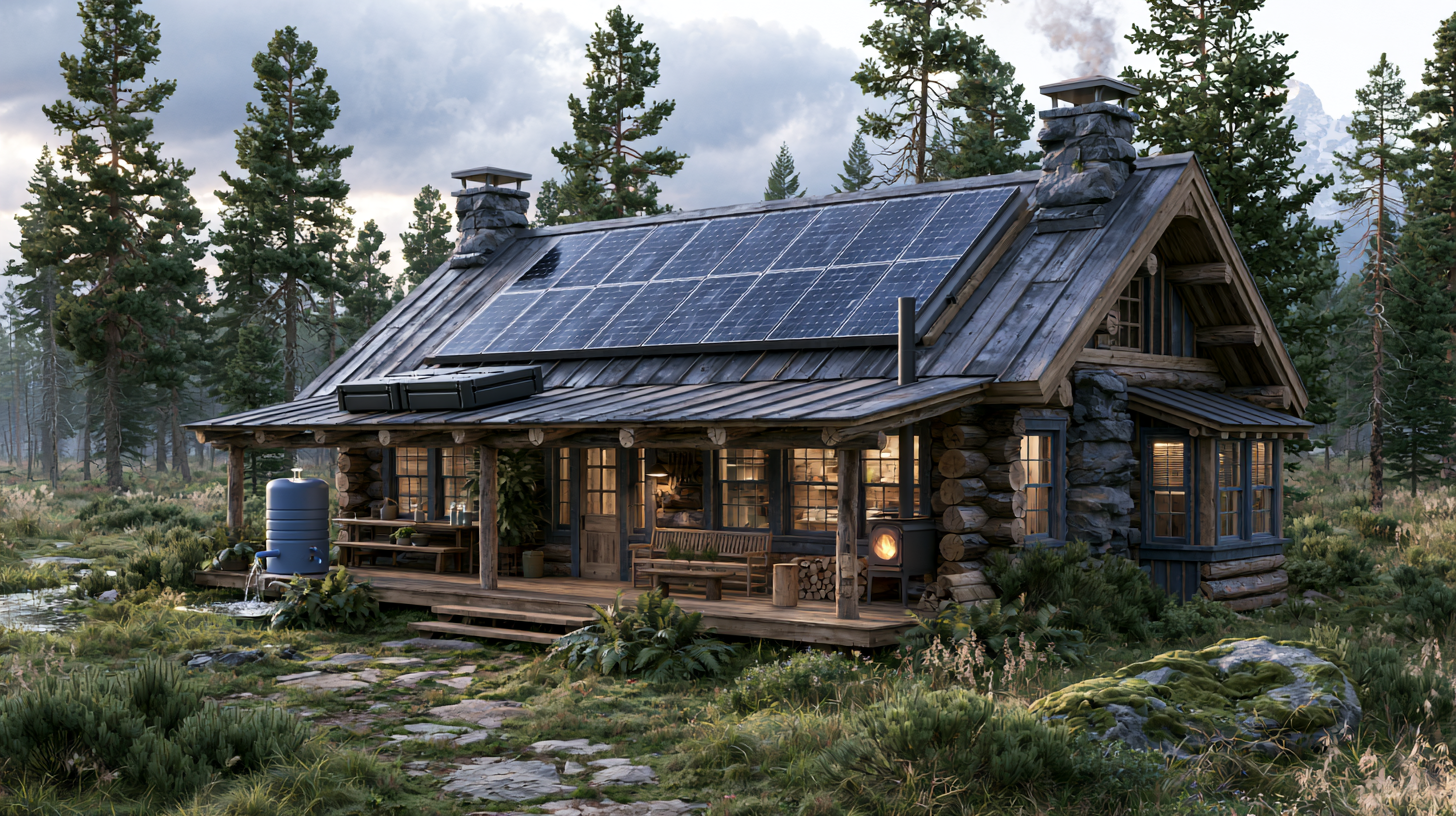 Off-grid log cabin with solar power and rainwater collection.