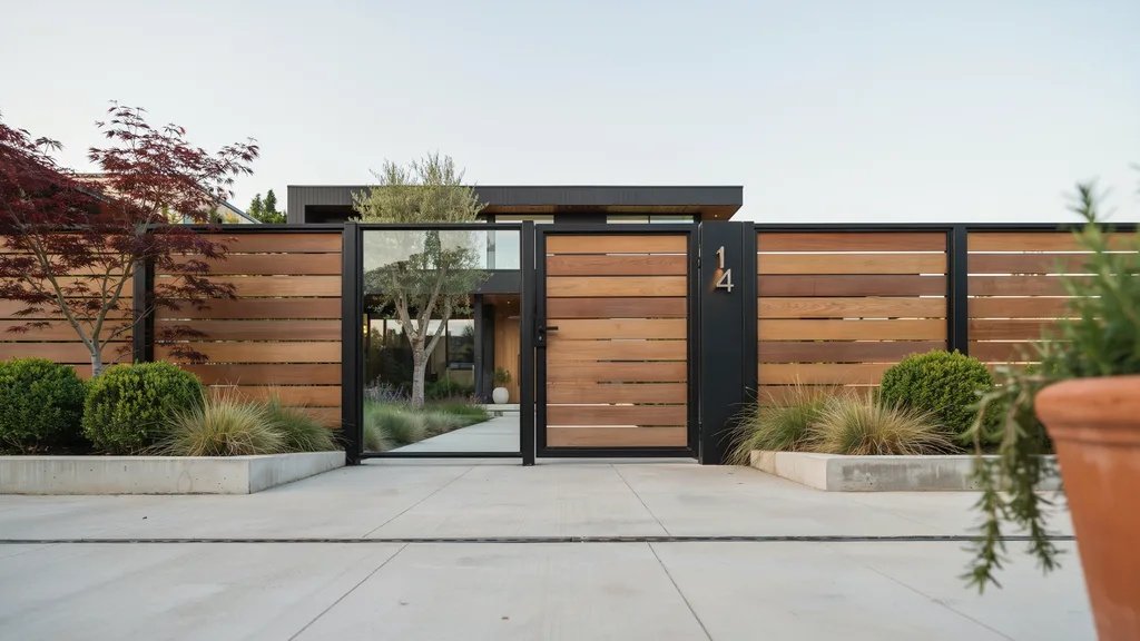 Mixed wood and metal courtyard gate with a modern horizontal panel design.
