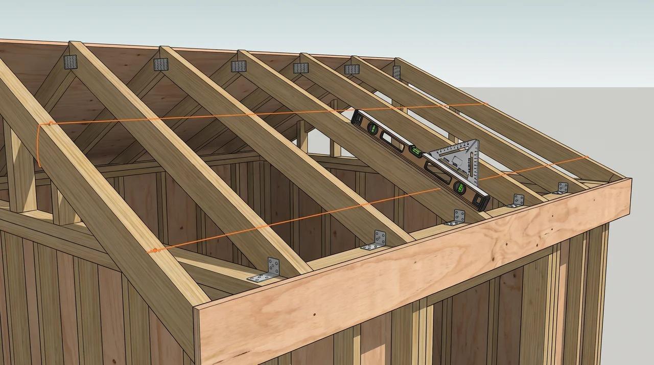Shed roof frame checked with a string line, level, pitch measurement, and rafter connections