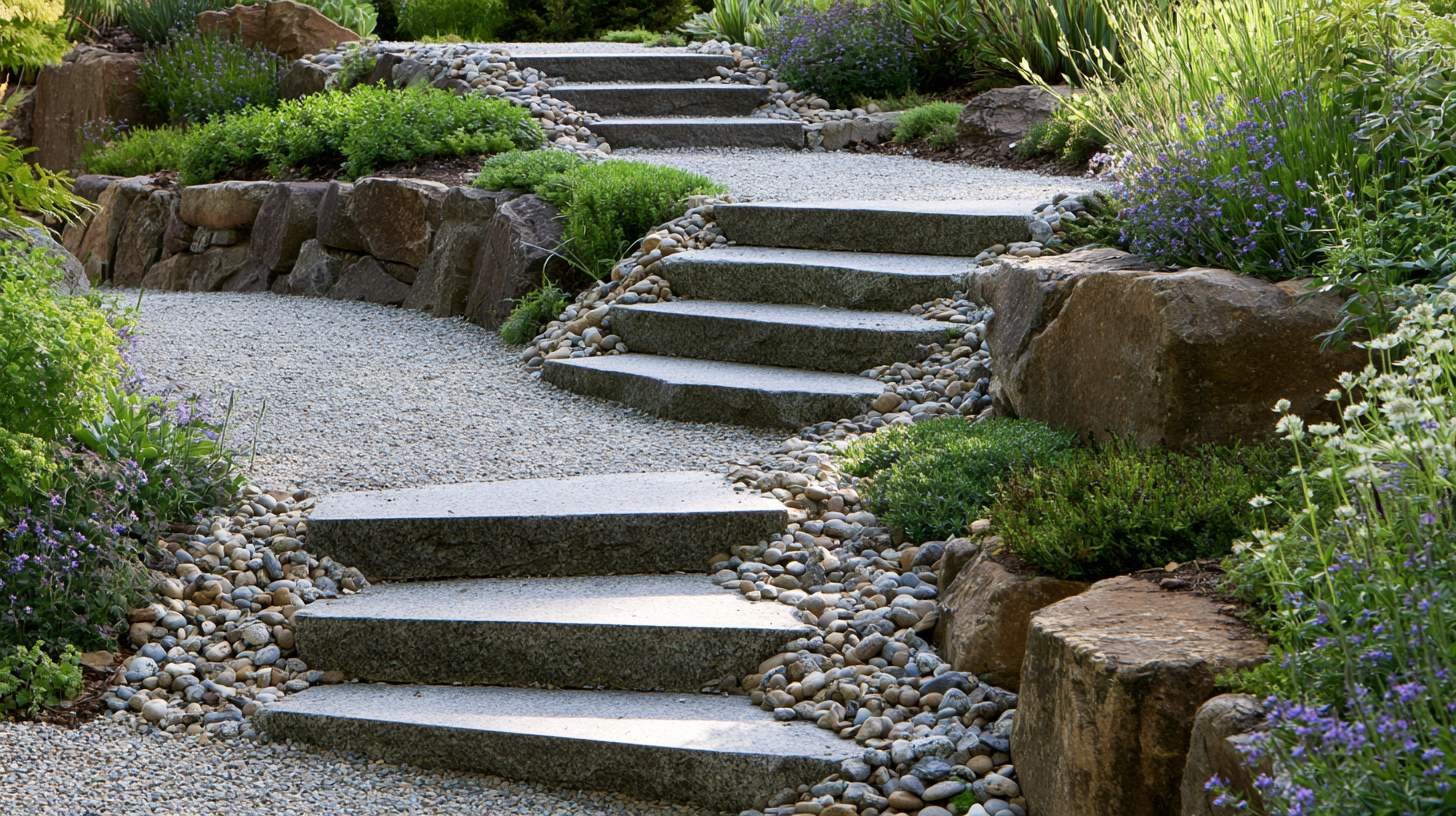 Stone steps connecting terraced garden levels.
