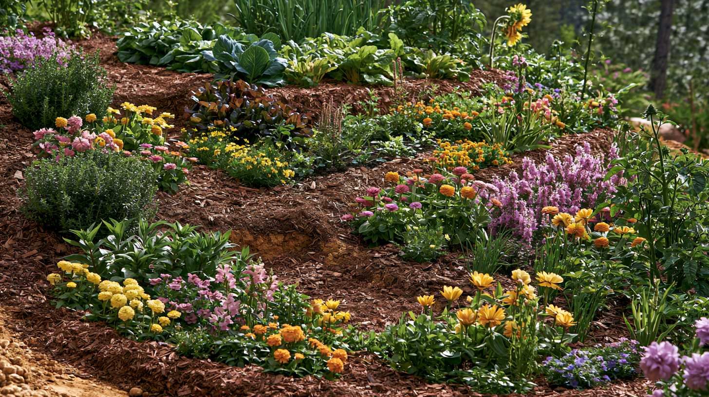 Completed terraced garden with mulch and healthy plants.