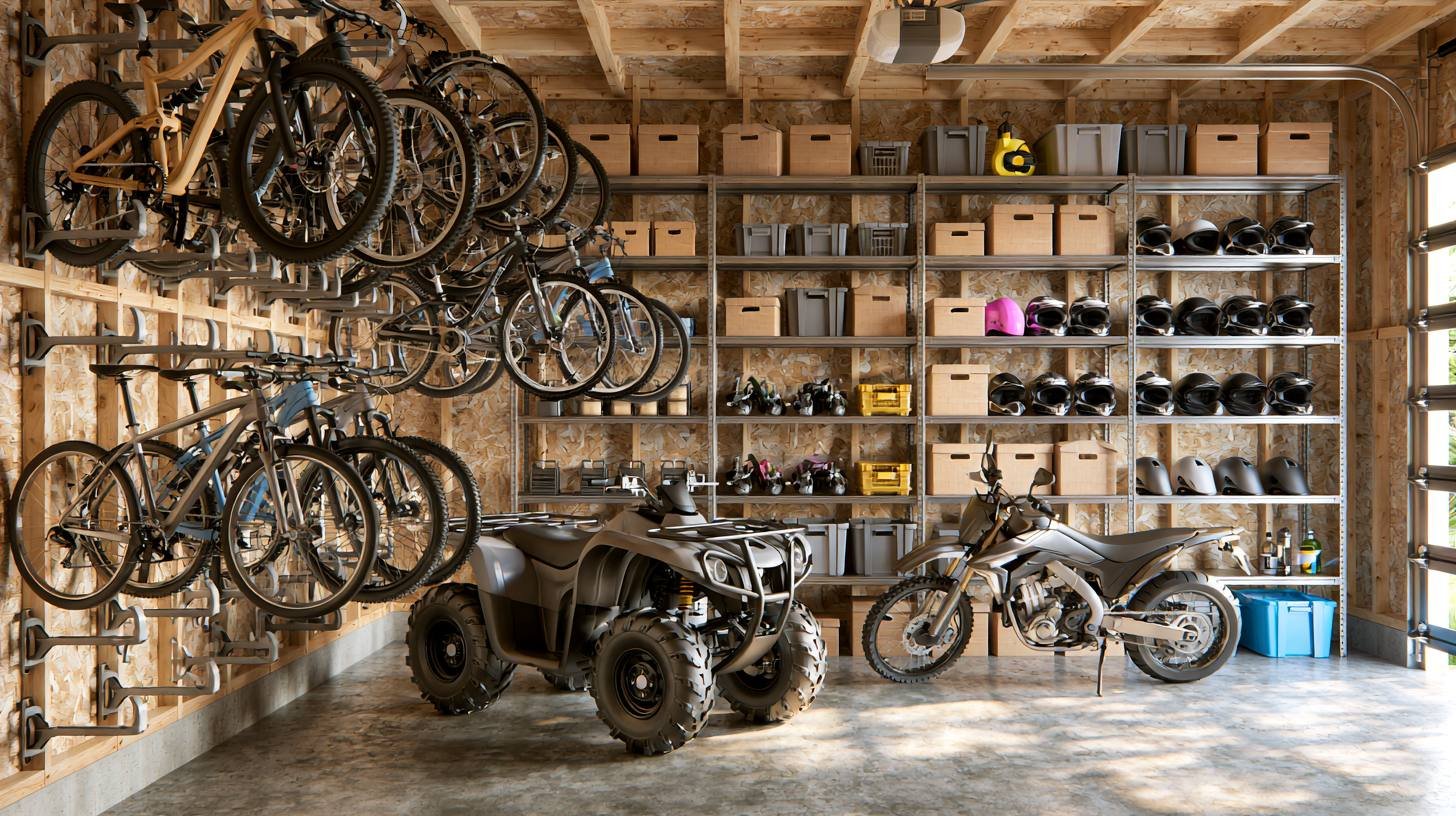 Storage shed containing bicycles, ATV, and motorcycle.
