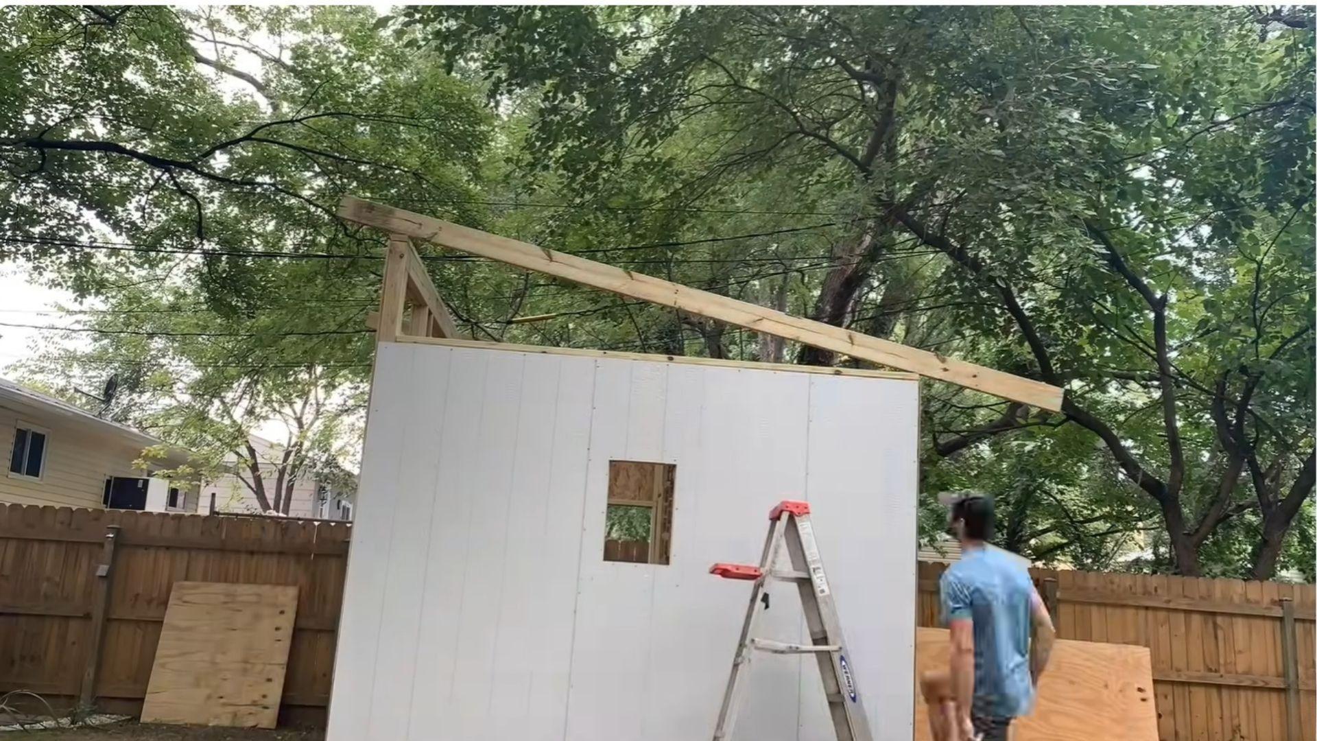 Shed roof rafter with planned overhangs and spacing along the top plates
