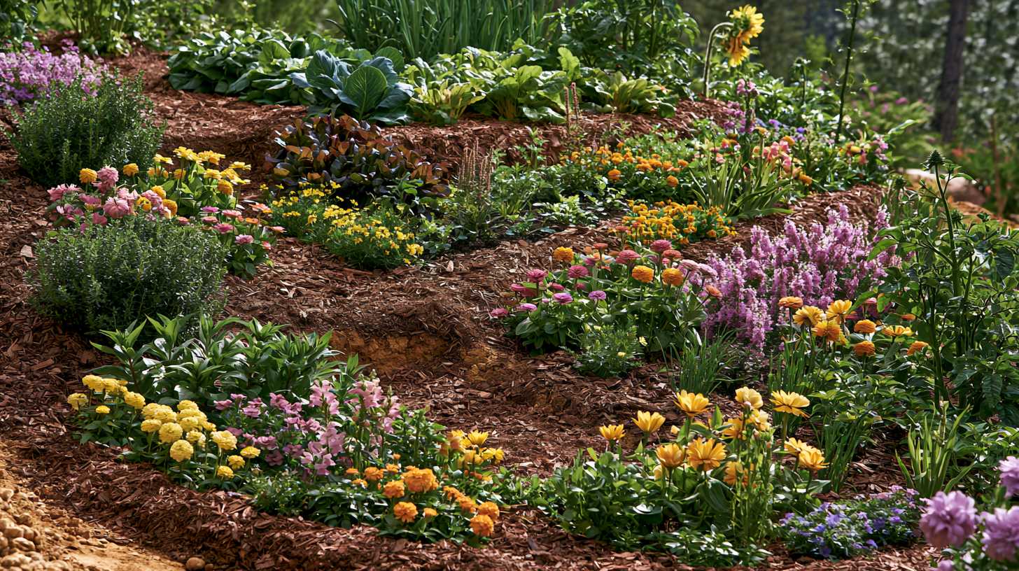 Completed terraced garden with mulch and healthy plants.