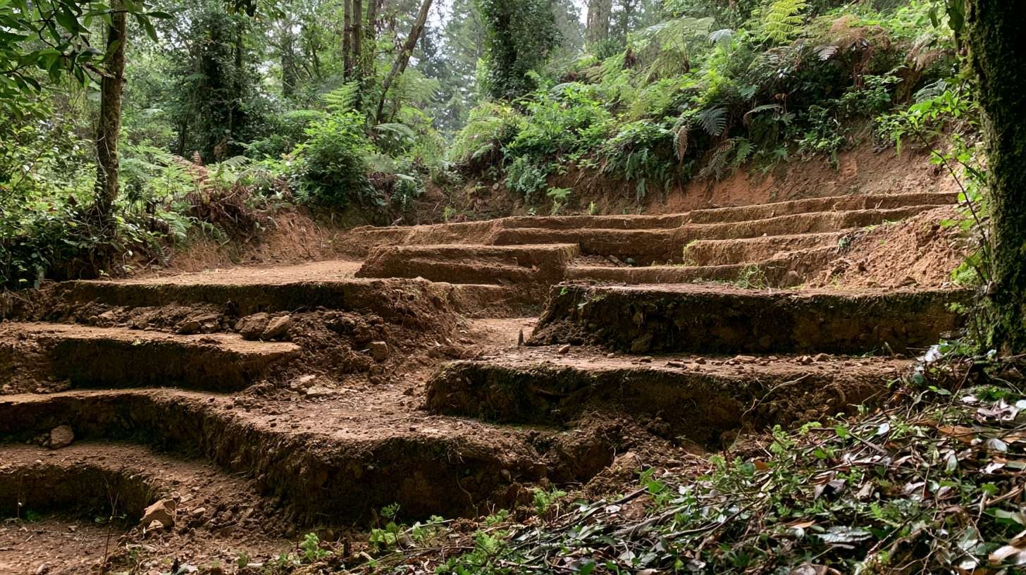 Excavated terraces cut into a sloped backyard.