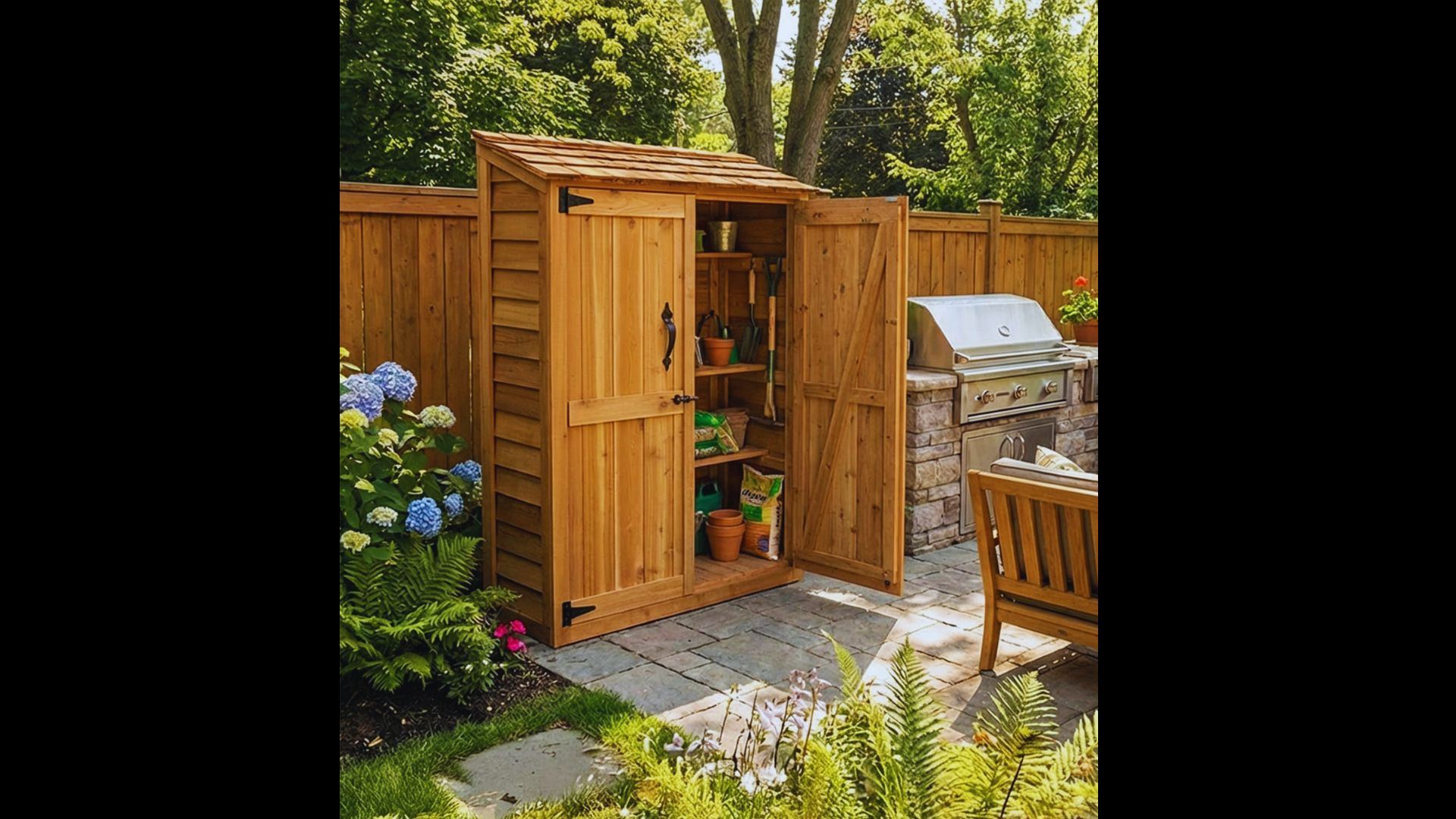 Compact cedar equipment shed with open doors revealing garden tools on a stone patio.