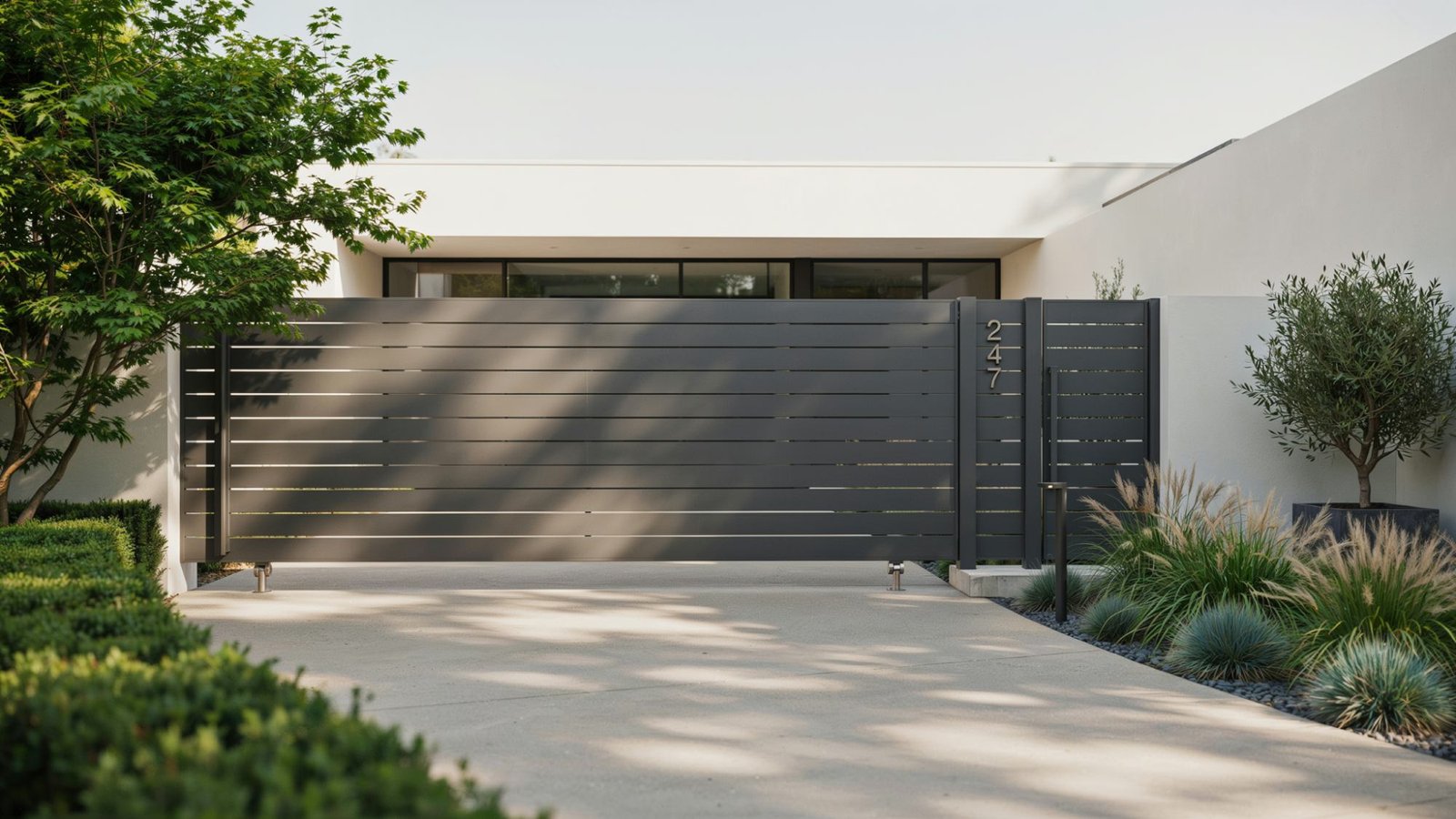 Horizontal slat metal courtyard gate providing privacy with a modern design.