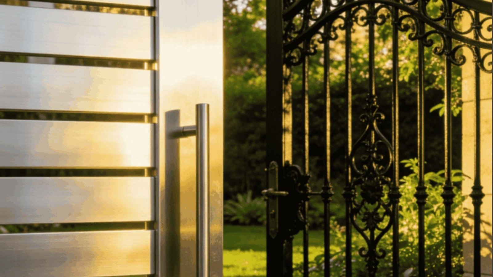 A metal gate stands between a wooden fence and a lush garden, inviting entry into the serene courtyard.