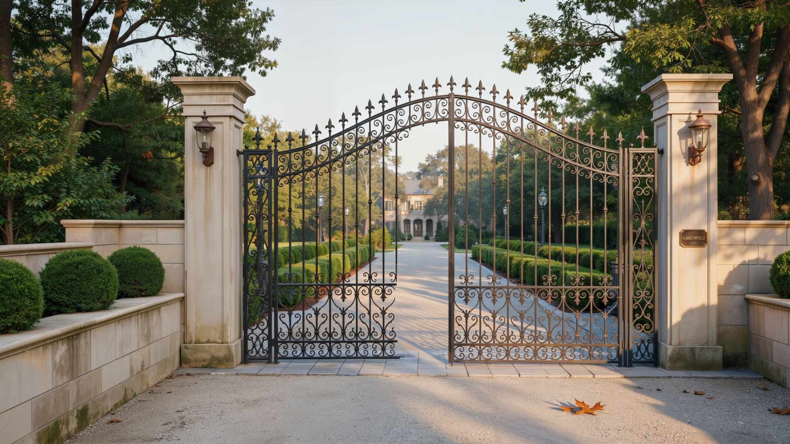 Double-entry courtyard gate creating a grand and elegant entrance.
