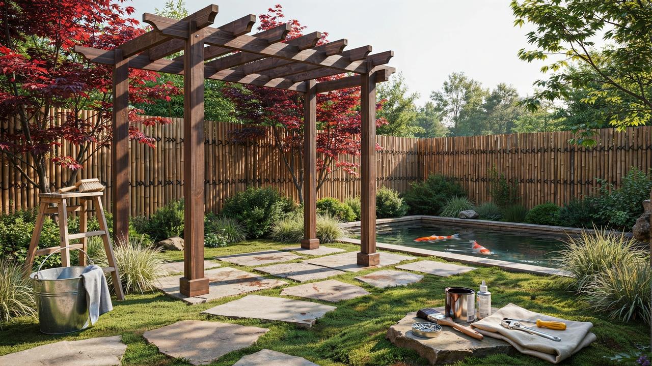 Well-maintained Japanese pergola with cleaning and maintenance tools in a peaceful Zen garden.