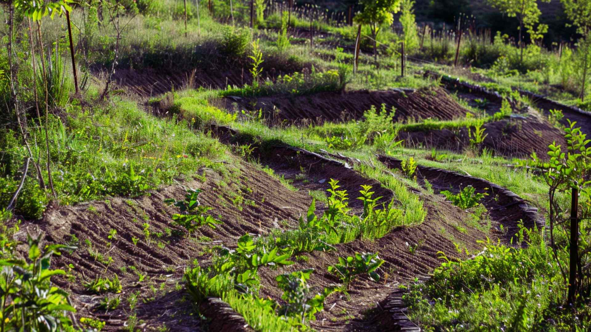 Terraced swales and contour beds measuring growing space on a sloped permaculture site