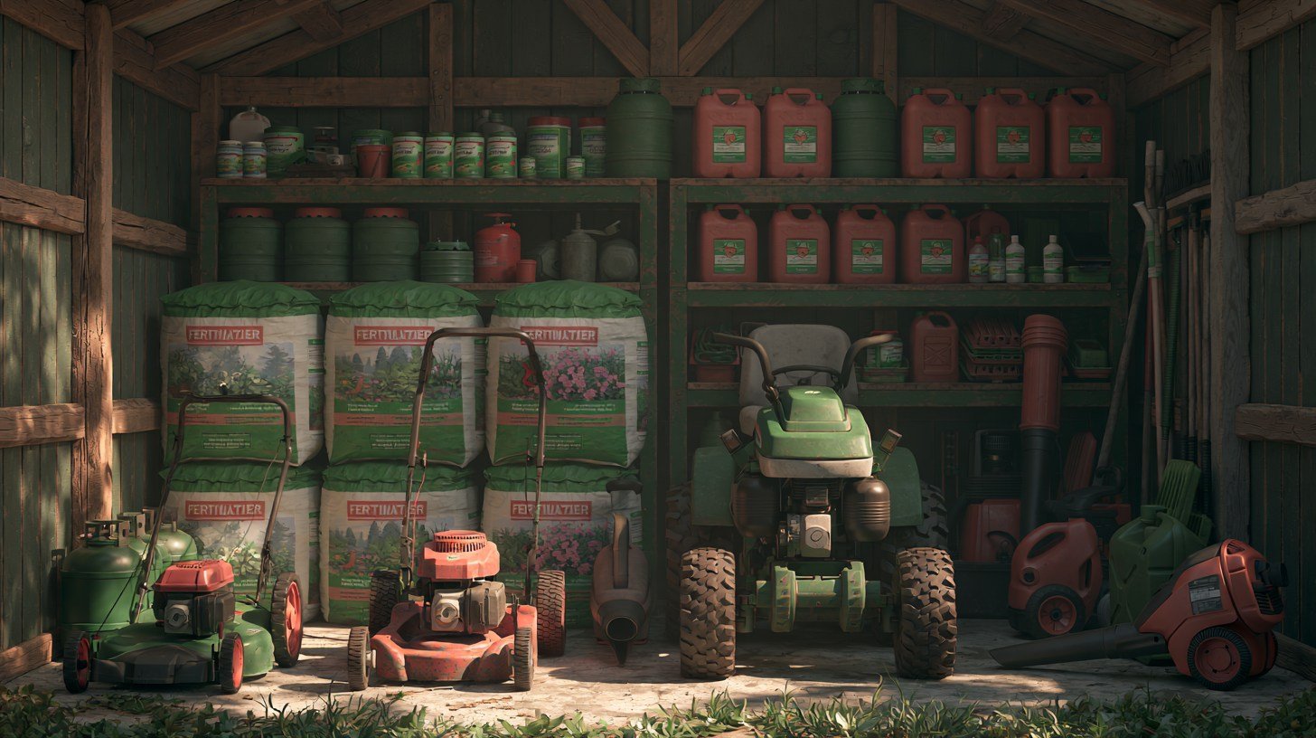 Storage shed with lawn mower and outdoor maintenance equipment.