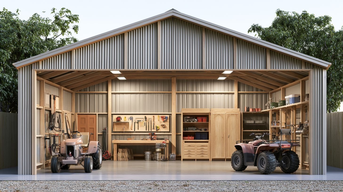 Large workshop shed with riding mower, ATV, and woodworking area.