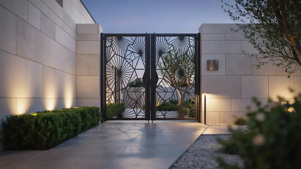 Modern courtyard gate with decorative geometric laser-cut metal patterns.