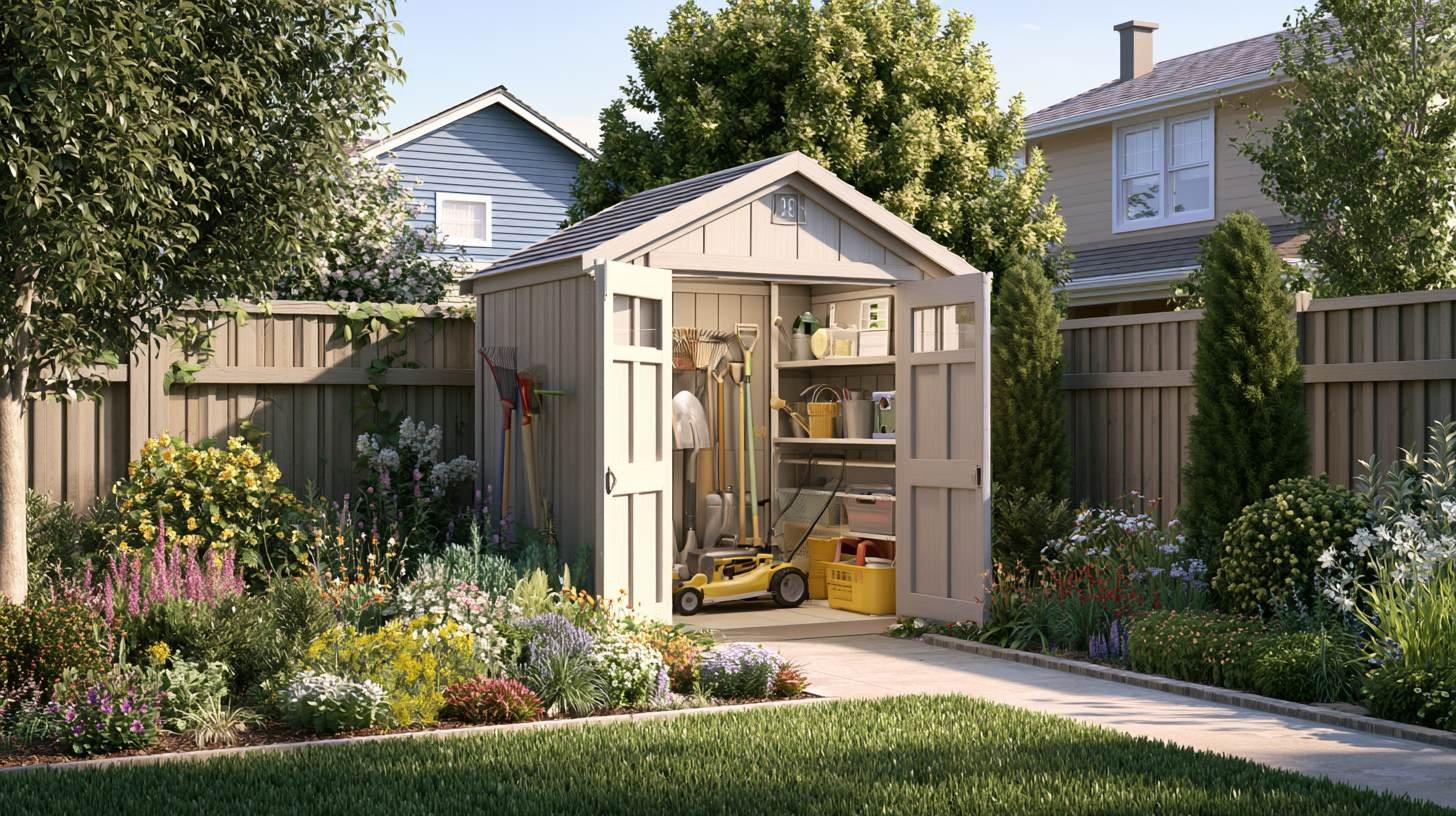 Small garden shed storing lawn tools and seasonal equipment.