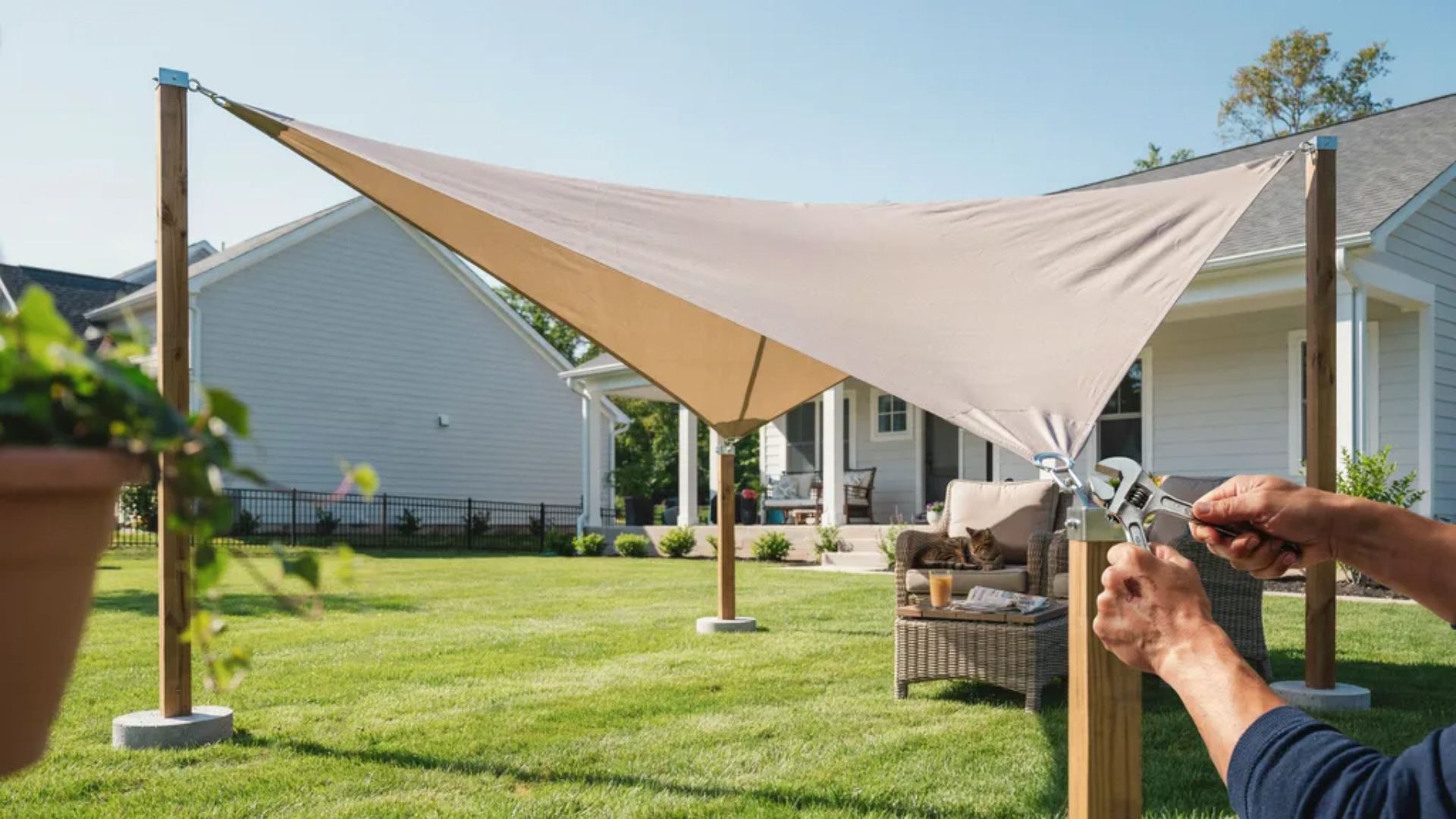 DIY shade sail posts supporting a tightly stretched backyard shade sail with sturdy wooden posts.
