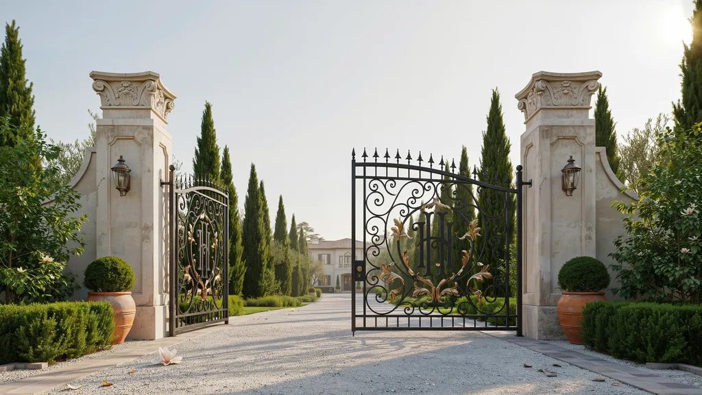 Custom iron courtyard gate featuring a decorative family monogram.