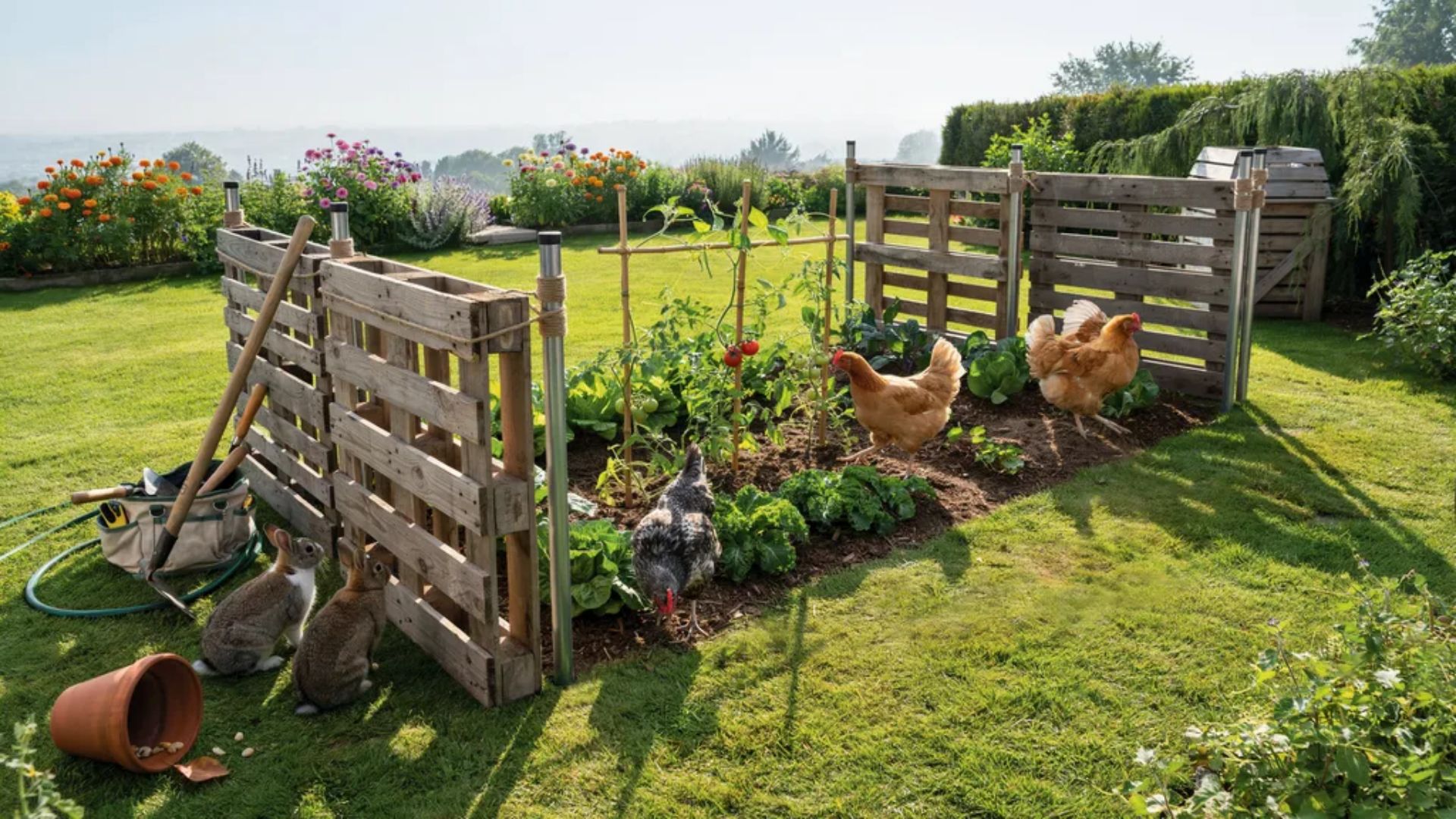 no dig pallet fence protecting a garden with chickens inside and rabbits outside.