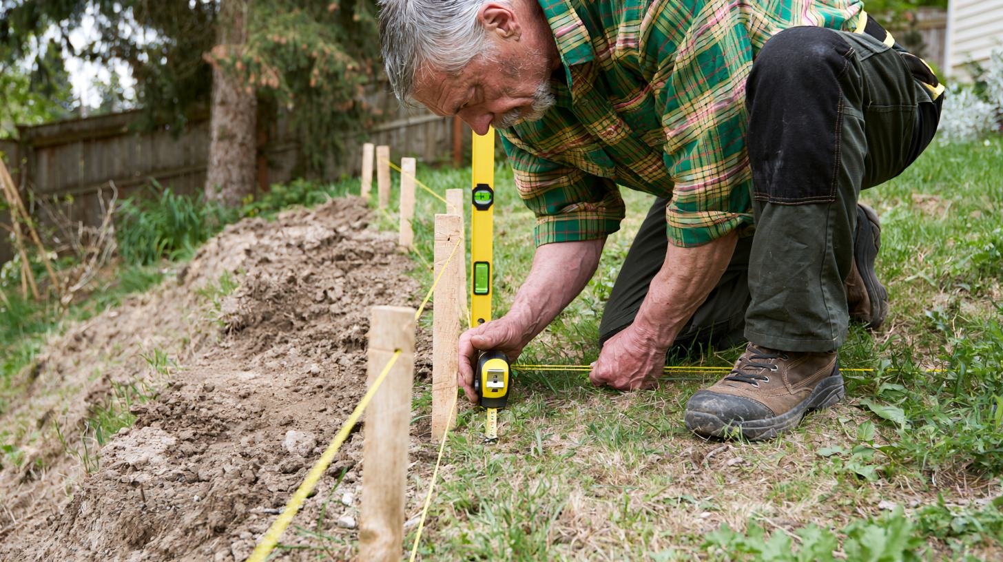 Measuring a backyard slope before building garden terraces.