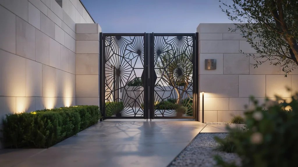 Modern courtyard gate with decorative geometric laser-cut metal patterns.