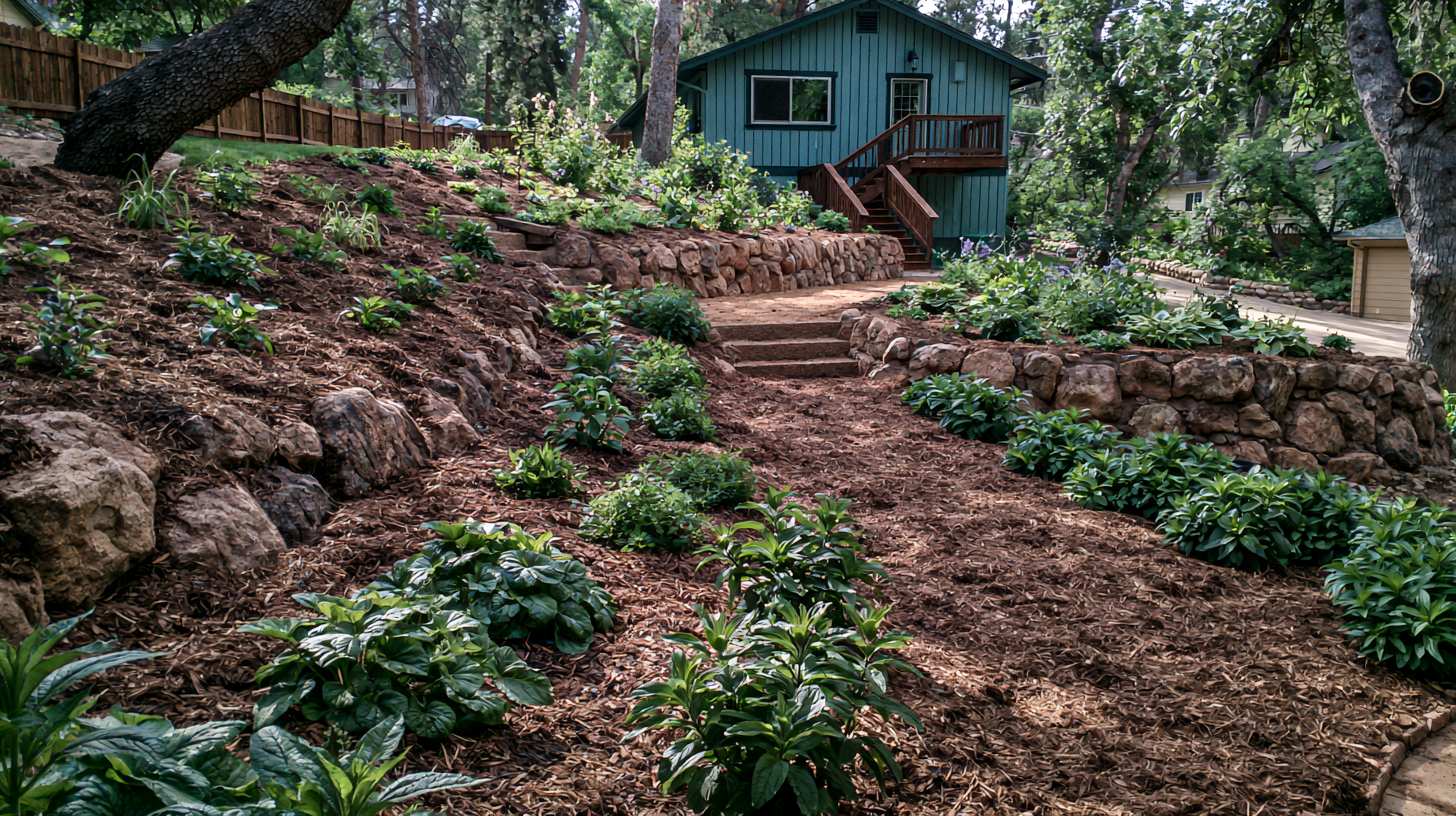 Healthy terraced garden maintained with mulch and clean retaining walls.