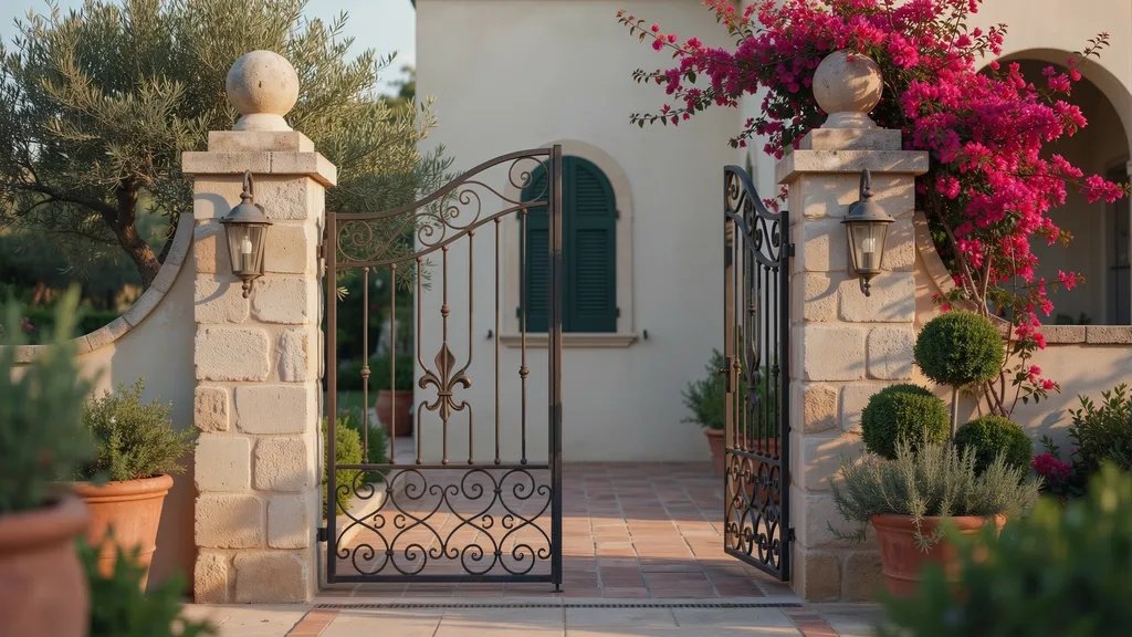 Courtyard gate supported by natural stone pillars at a luxury entrance.