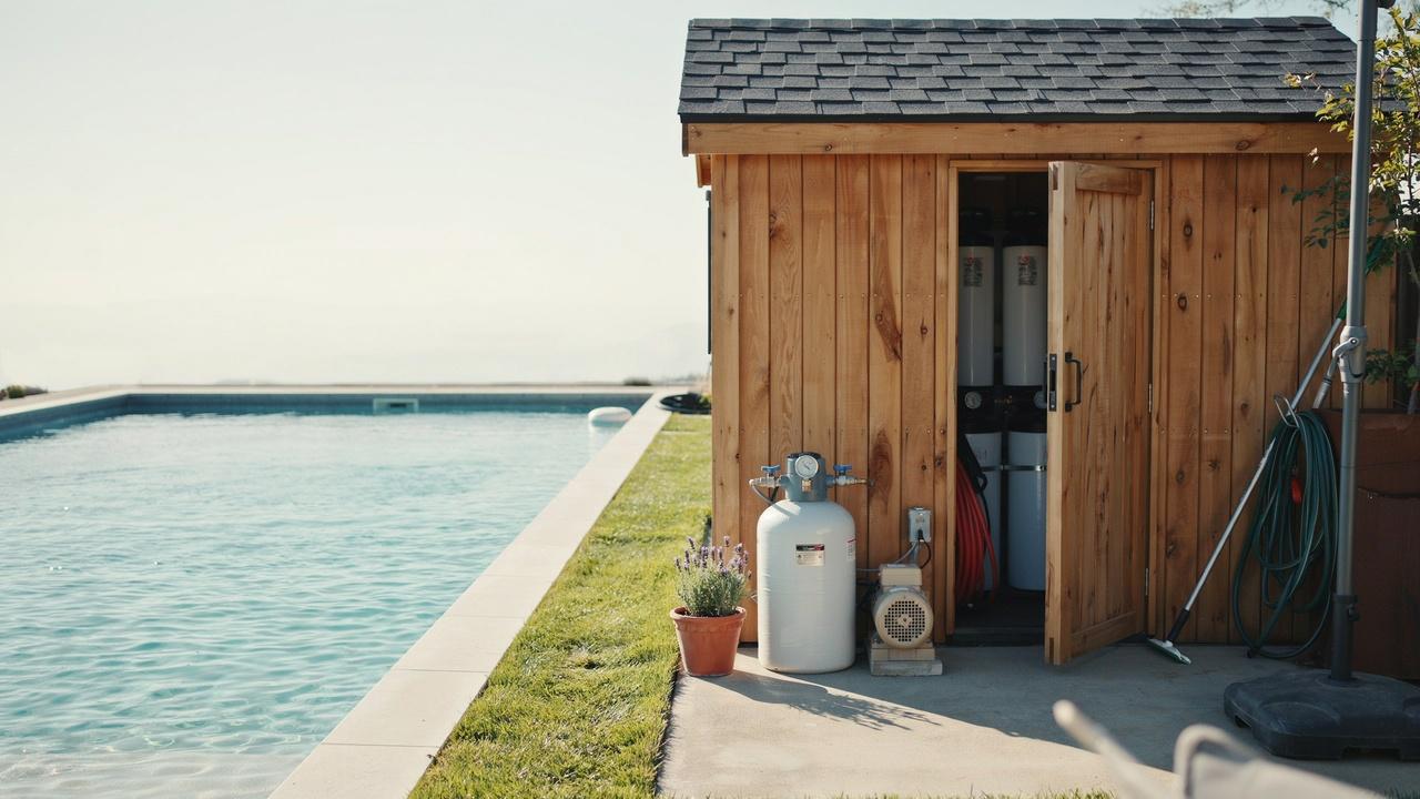 A small wooden pool filter shed with open doors next to a swimming pool and pool equipment.