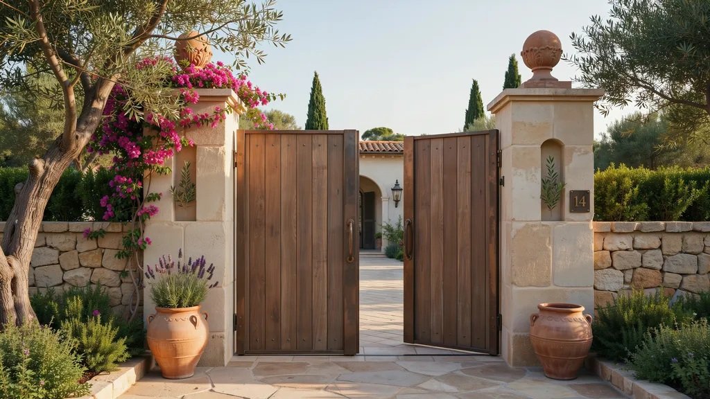 Wood and stone courtyard gate with a warm Mediterranean-inspired design.