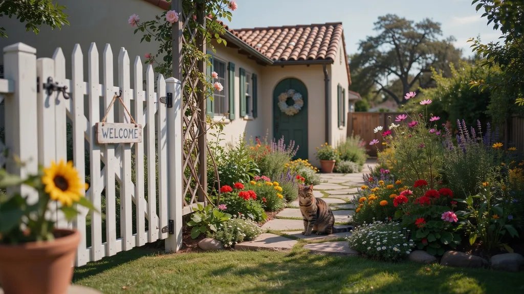 Classic wooden picket courtyard gate leading into a welcoming garden.