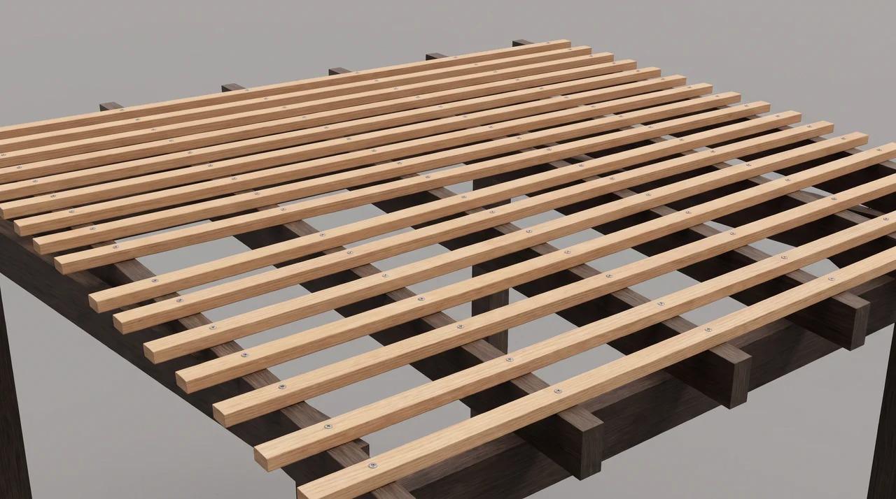 2x2 top slats installed across Japanese pergola rafters at right anglesFile name-japanese-pergola-top-slats