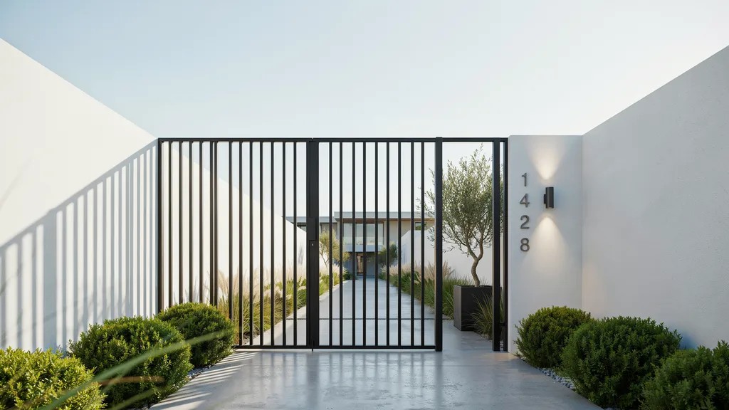 Minimalist black steel courtyard gate with clean lines at a modern home entrance.