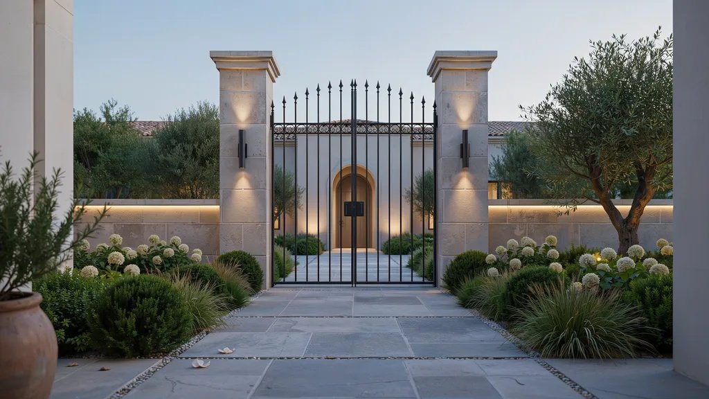 Elegant courtyard gate marking the entrance to a landscaped residential courtyard.