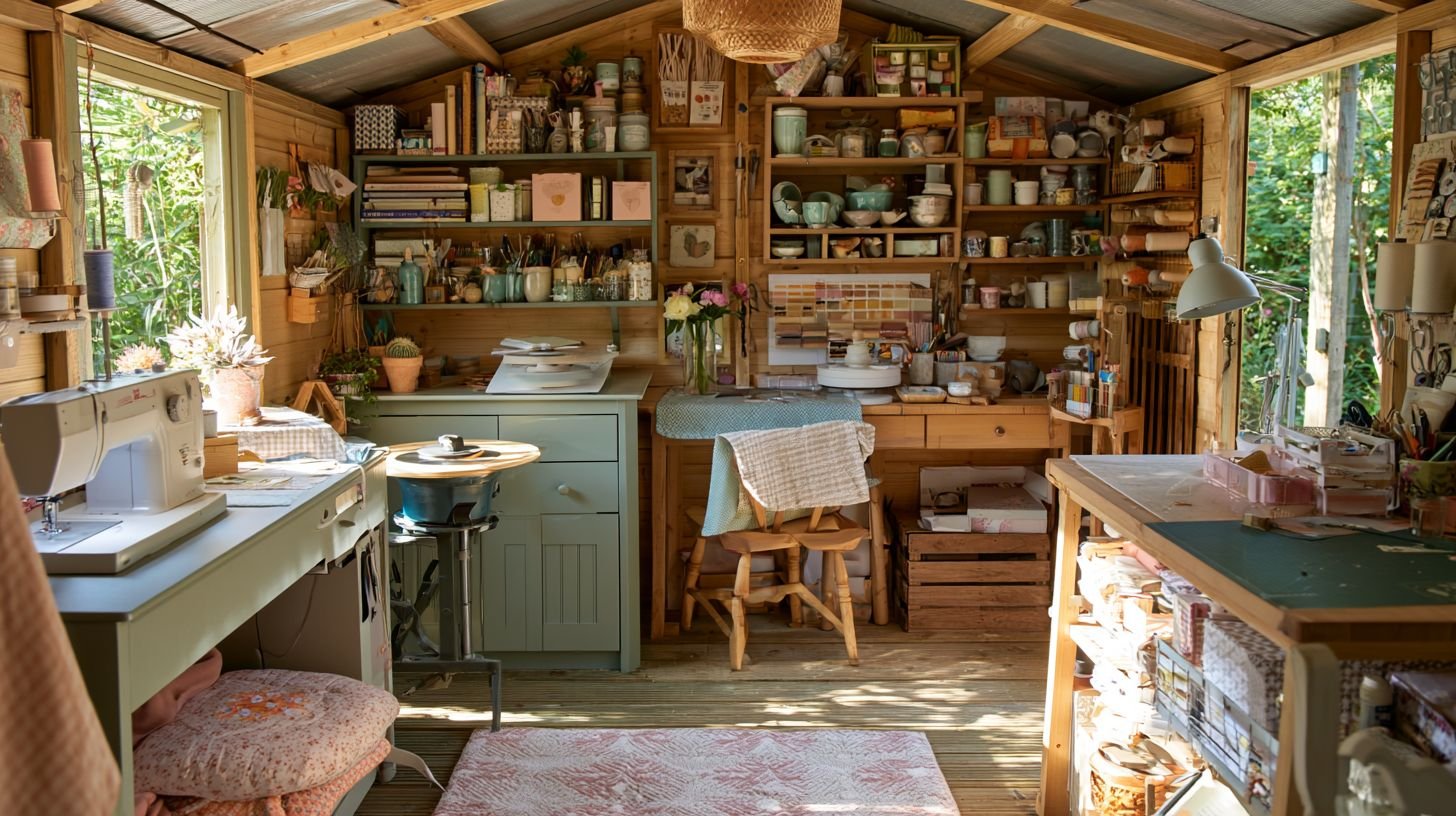 Craft shed with hobby workspace and organized supplies.