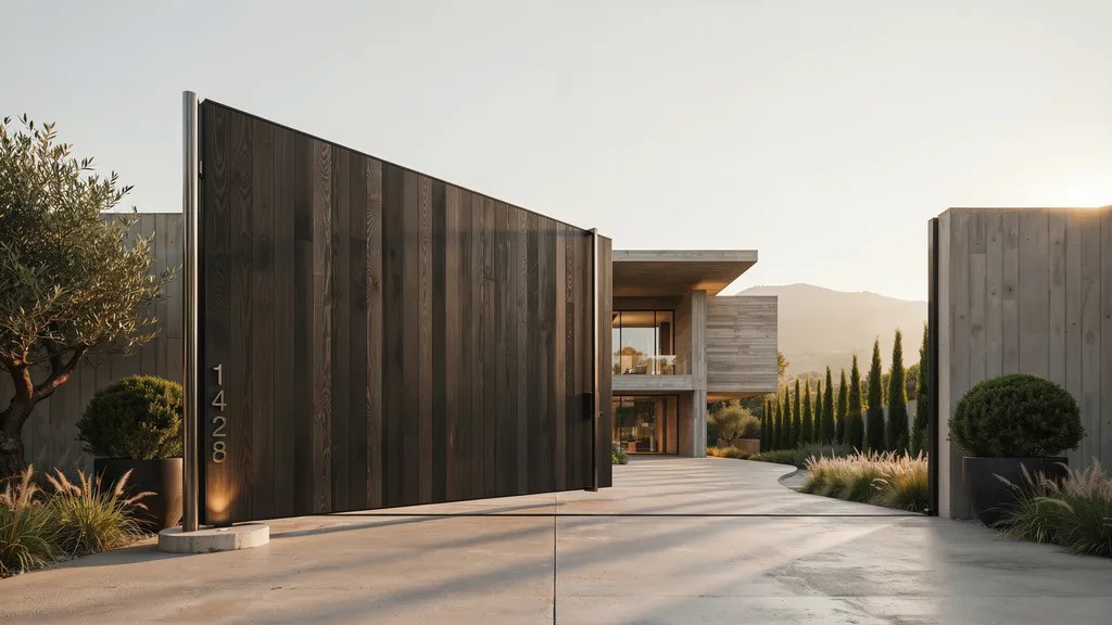 Modern pivot courtyard gate with a large contemporary wood panel.