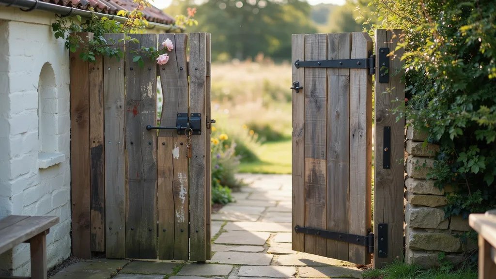 Rustic reclaimed wood courtyard gate with black metal accents.
