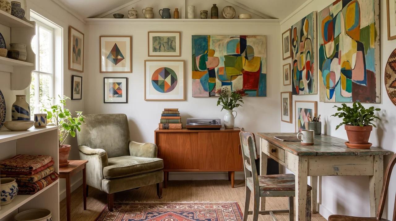 Eclectic she shed with vintage chair, mixed furniture, and modern art