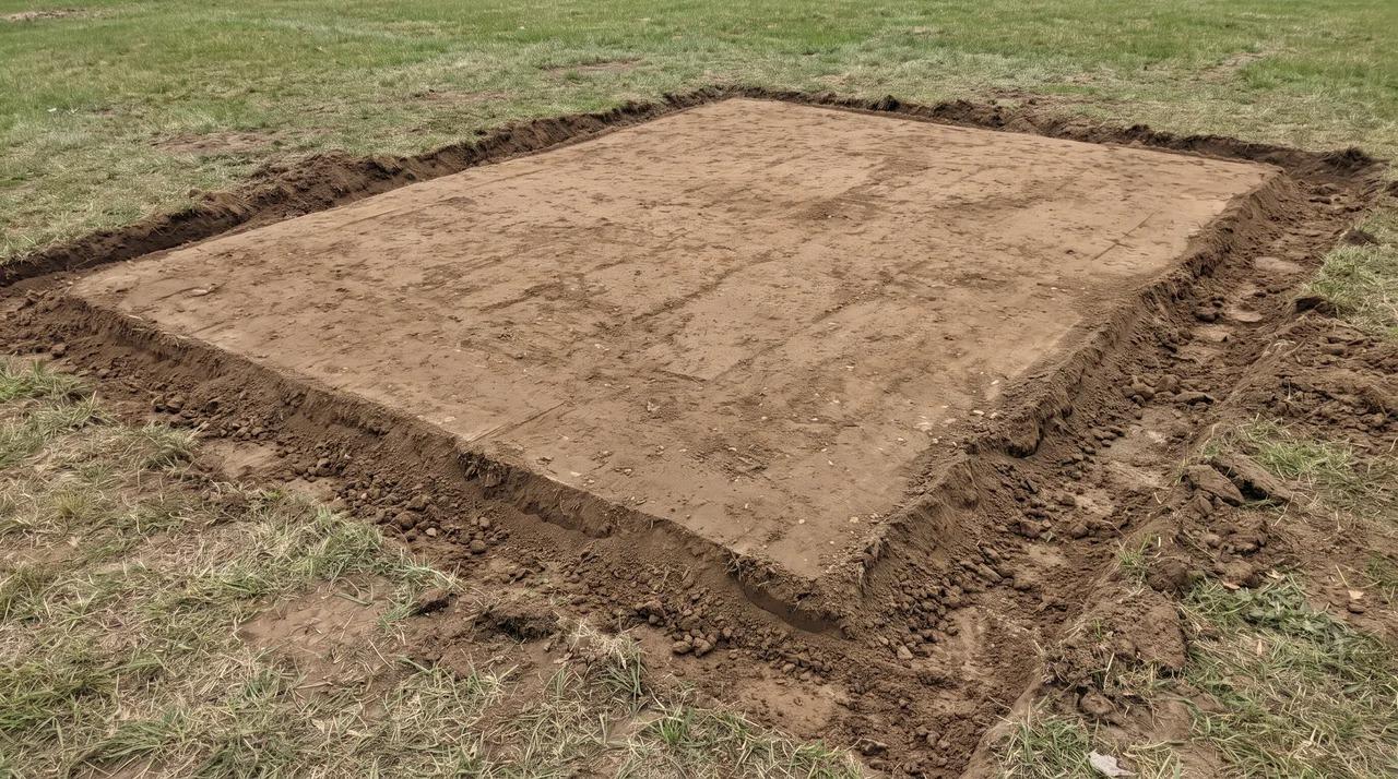 Excavated shed pad cleared to firm dirt and leveled ground