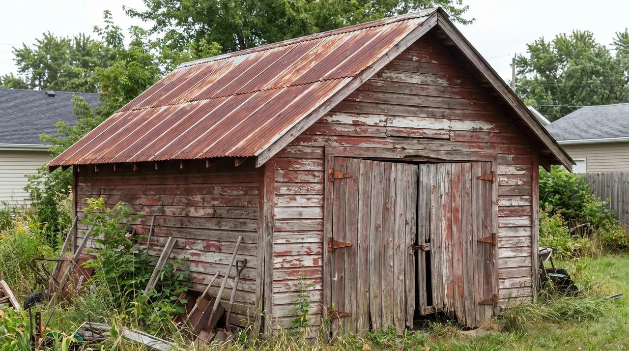 Old wooden shed with gable roof, double doors, peeling paint, and rusted metal roofing