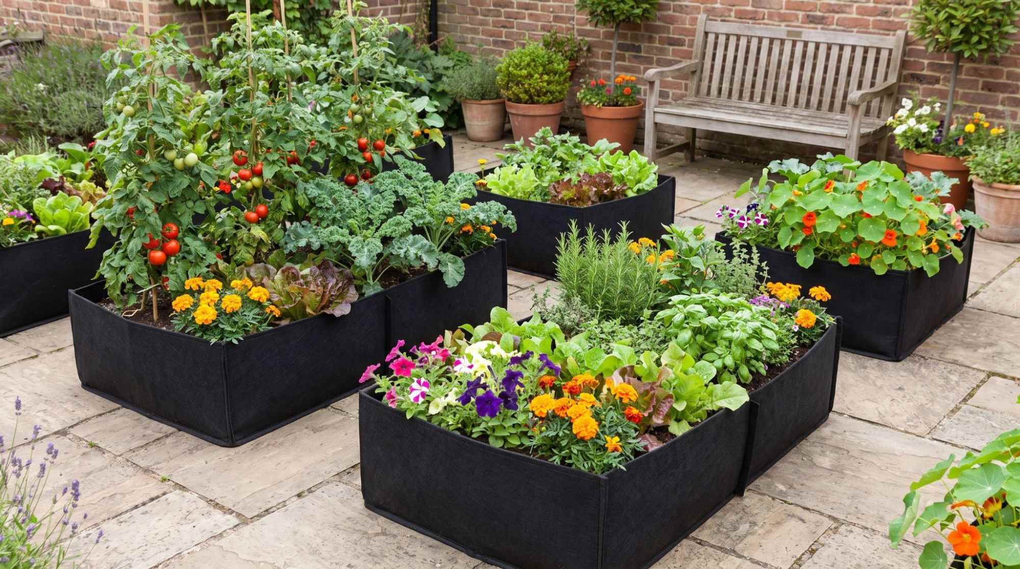 Black fabric raised garden beds filled with vegetables, herbs, and colorful flowers on a patio