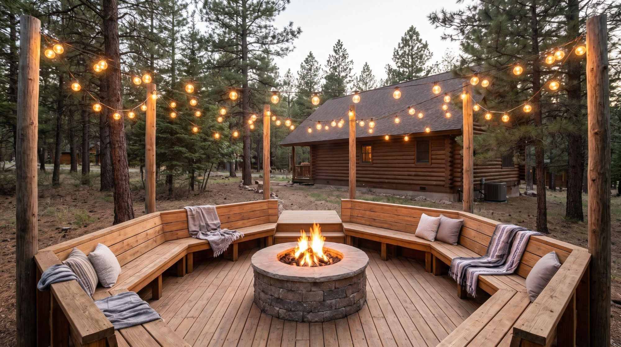 Sunken wooden deck seating surrounding a central fire pit and string lights