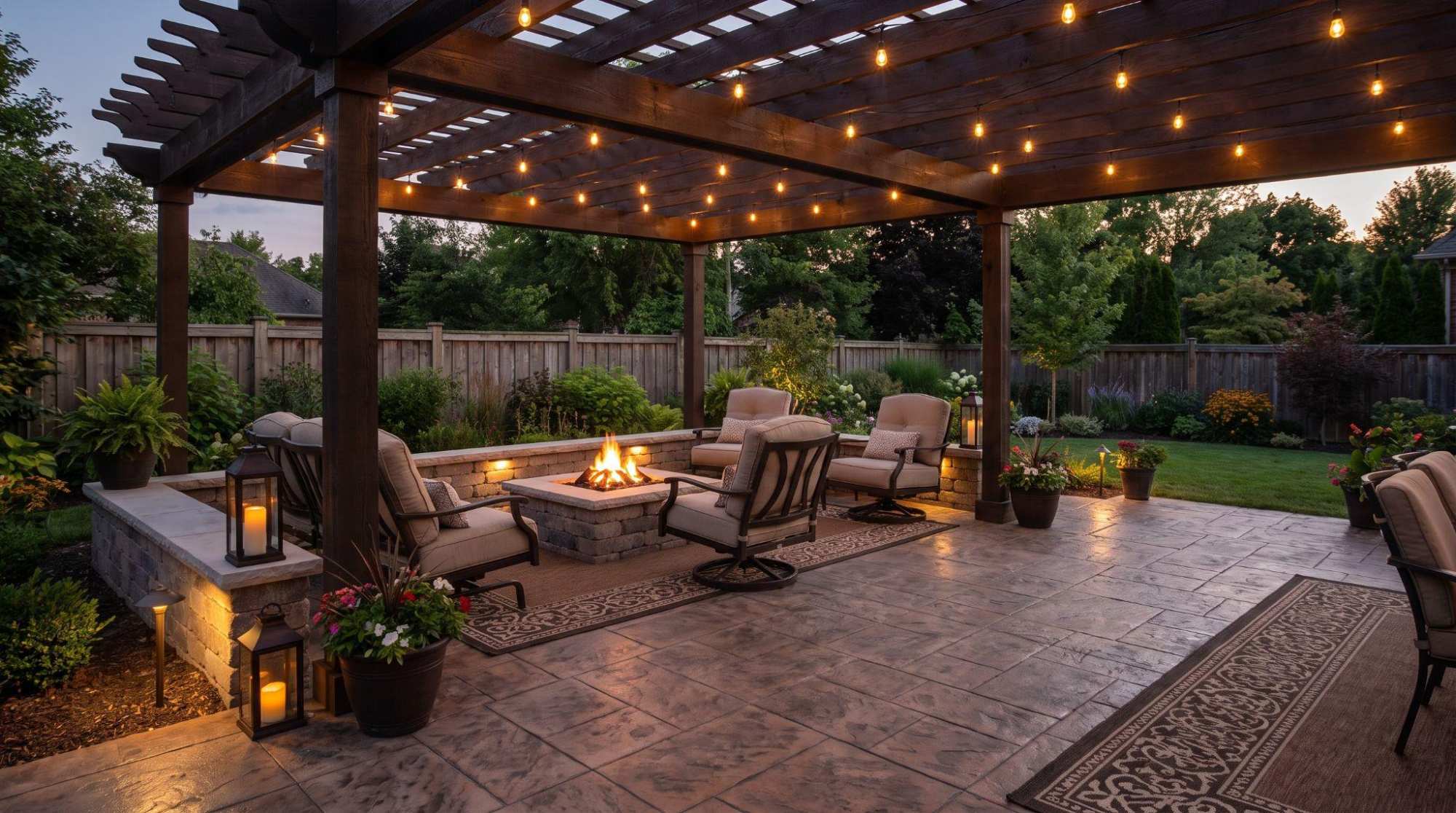 Stamped concrete patio with pergola, fire pit, cushioned chairs, and outdoor rugs