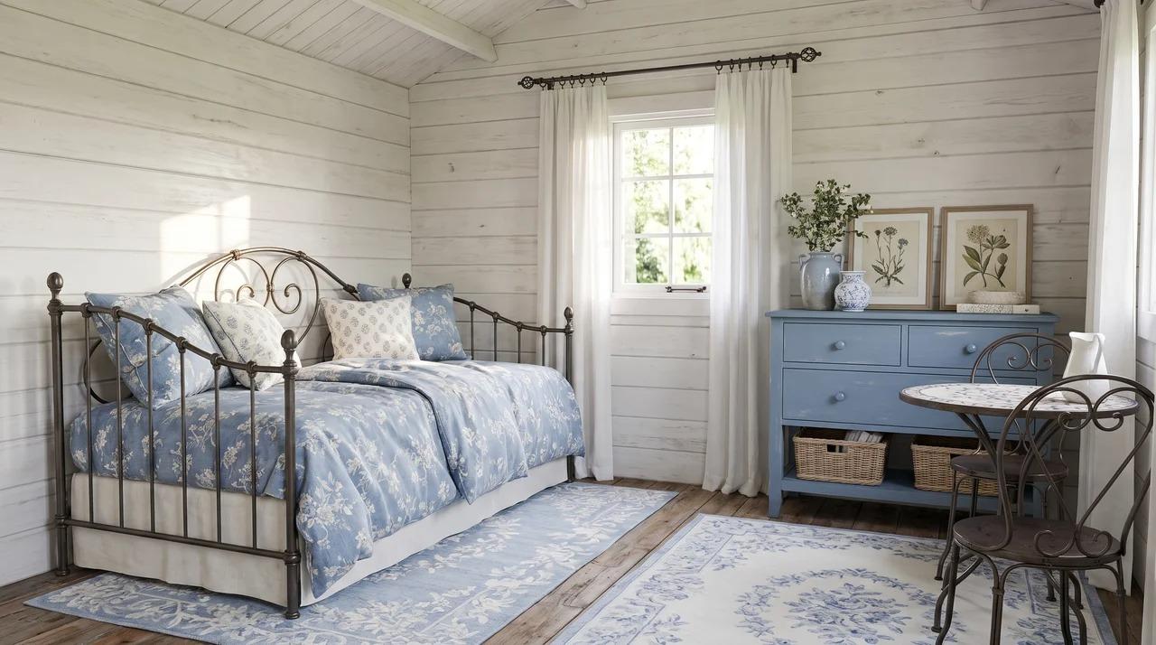 French country she shed with blue and white decor, floral patterns, and linens