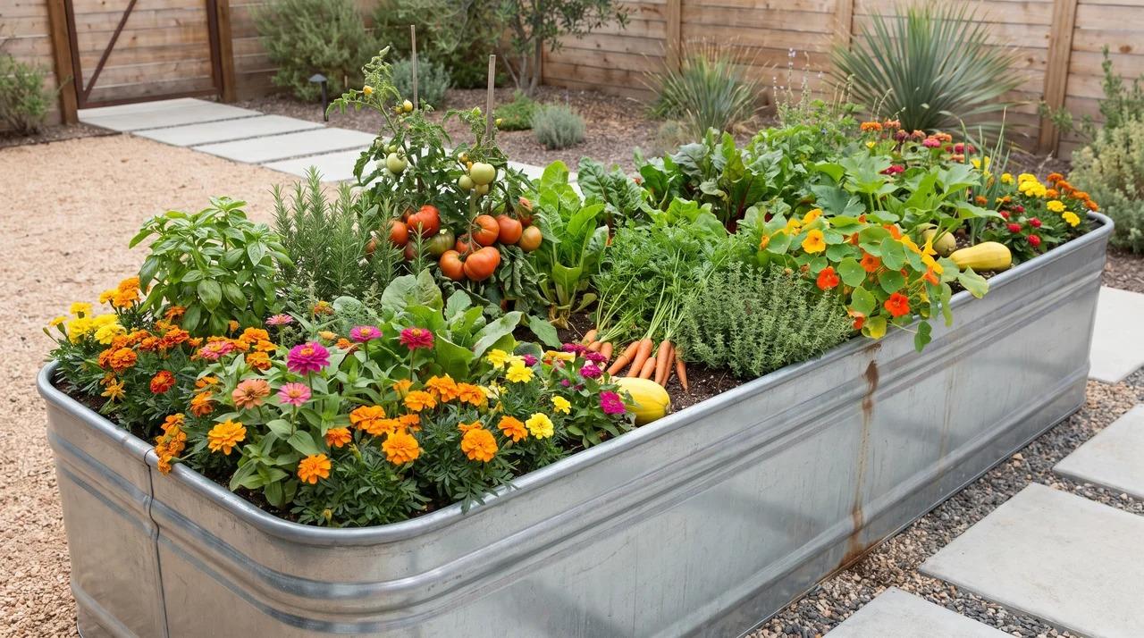 Galvanized steel raised garden bed filled with vegetables, herbs, and colorful flowers