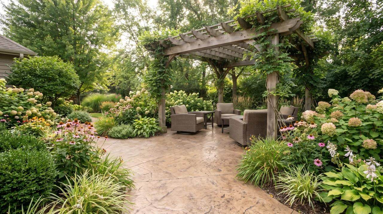 Stamped concrete patio with wooden pergola surrounded by flower beds and shrubs