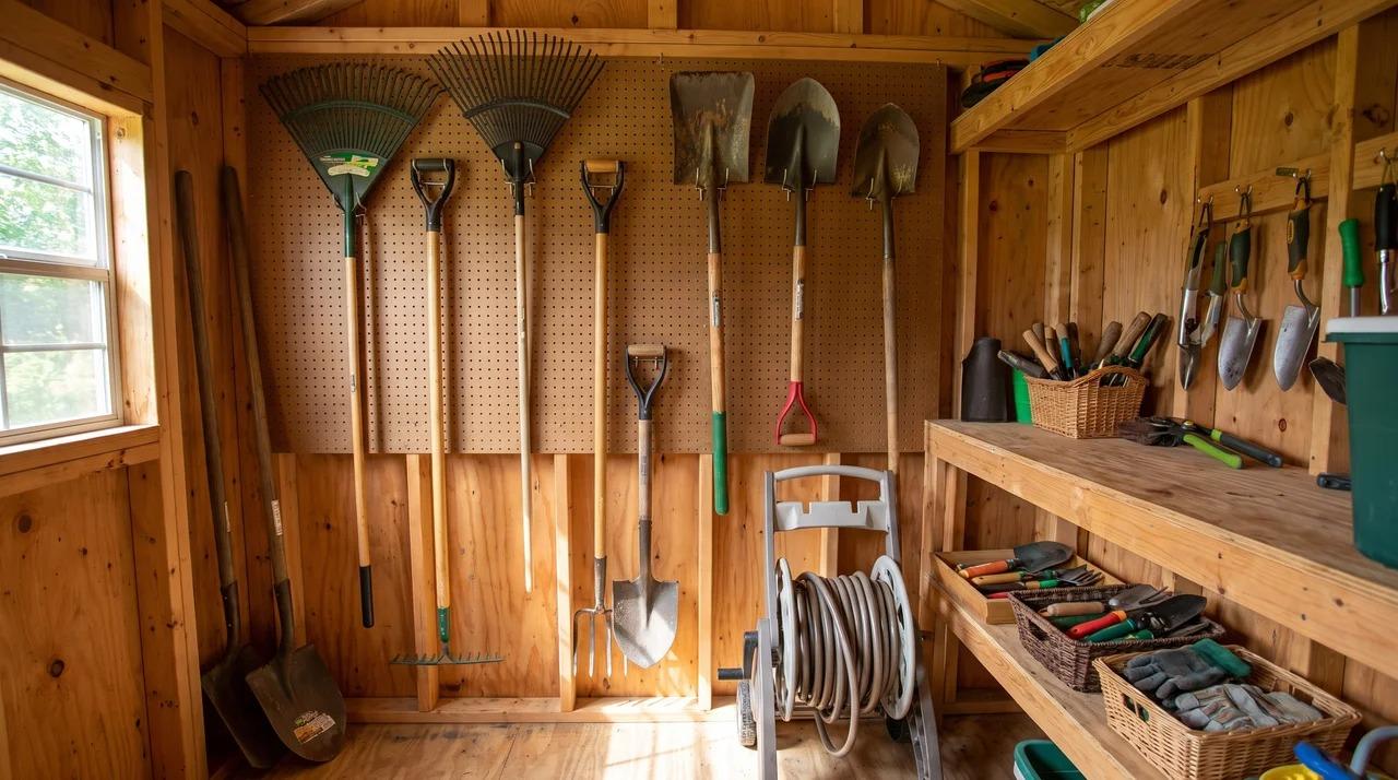 Small shed with rakes, shovels, hose reel, hand tools, wall hooks, and shelving