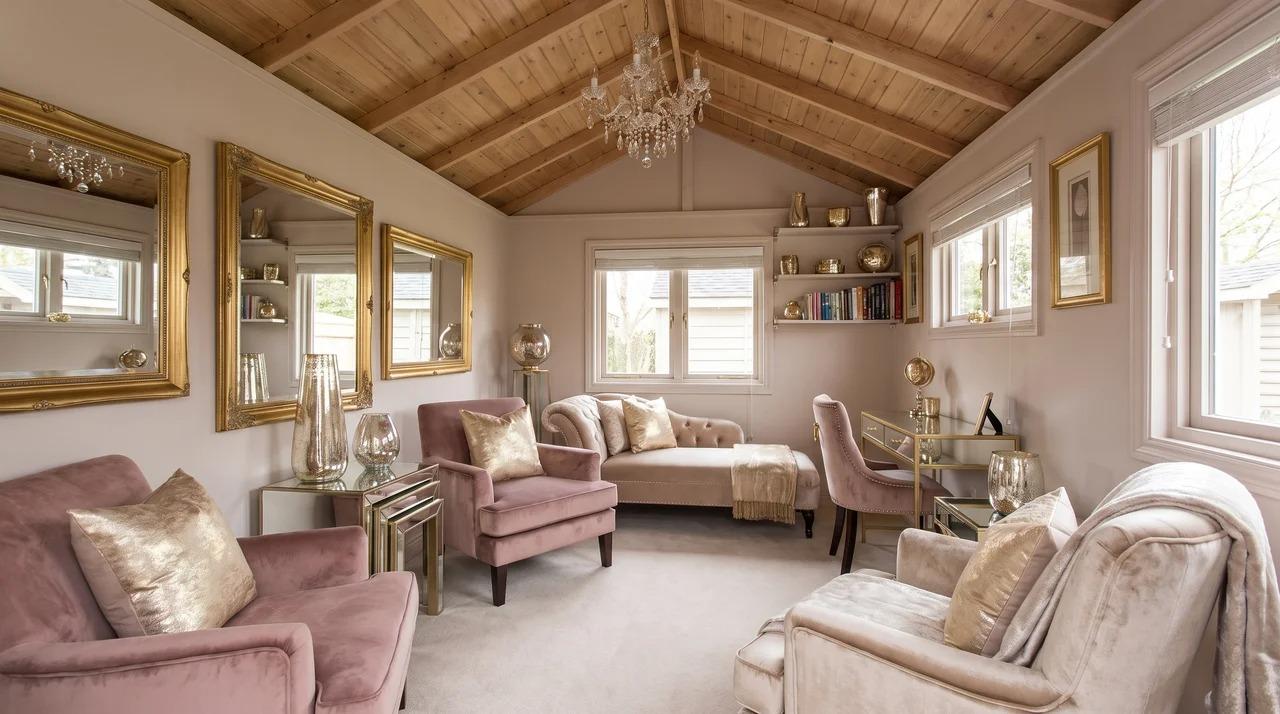 Glam she shed with metallic accents, mirrors, velvet textures, and chandelier