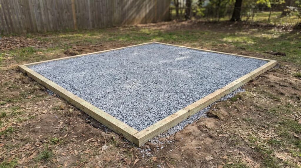 Compacted gravel shed foundation forming a level base for a shed
