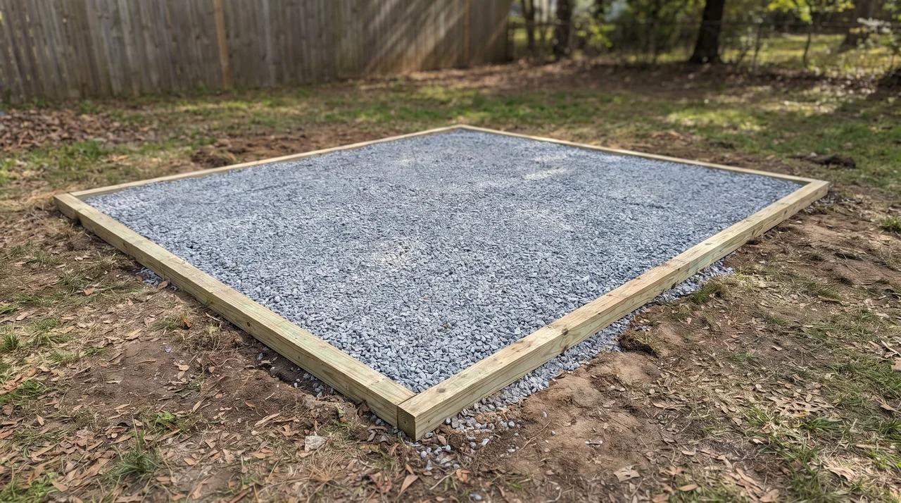 Compacted gravel shed foundation forming a level base for a shed