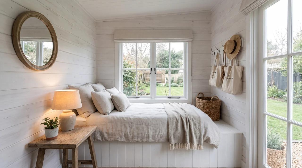 She shed guest retreat with daybed, side table, lamp, mirror, and storage